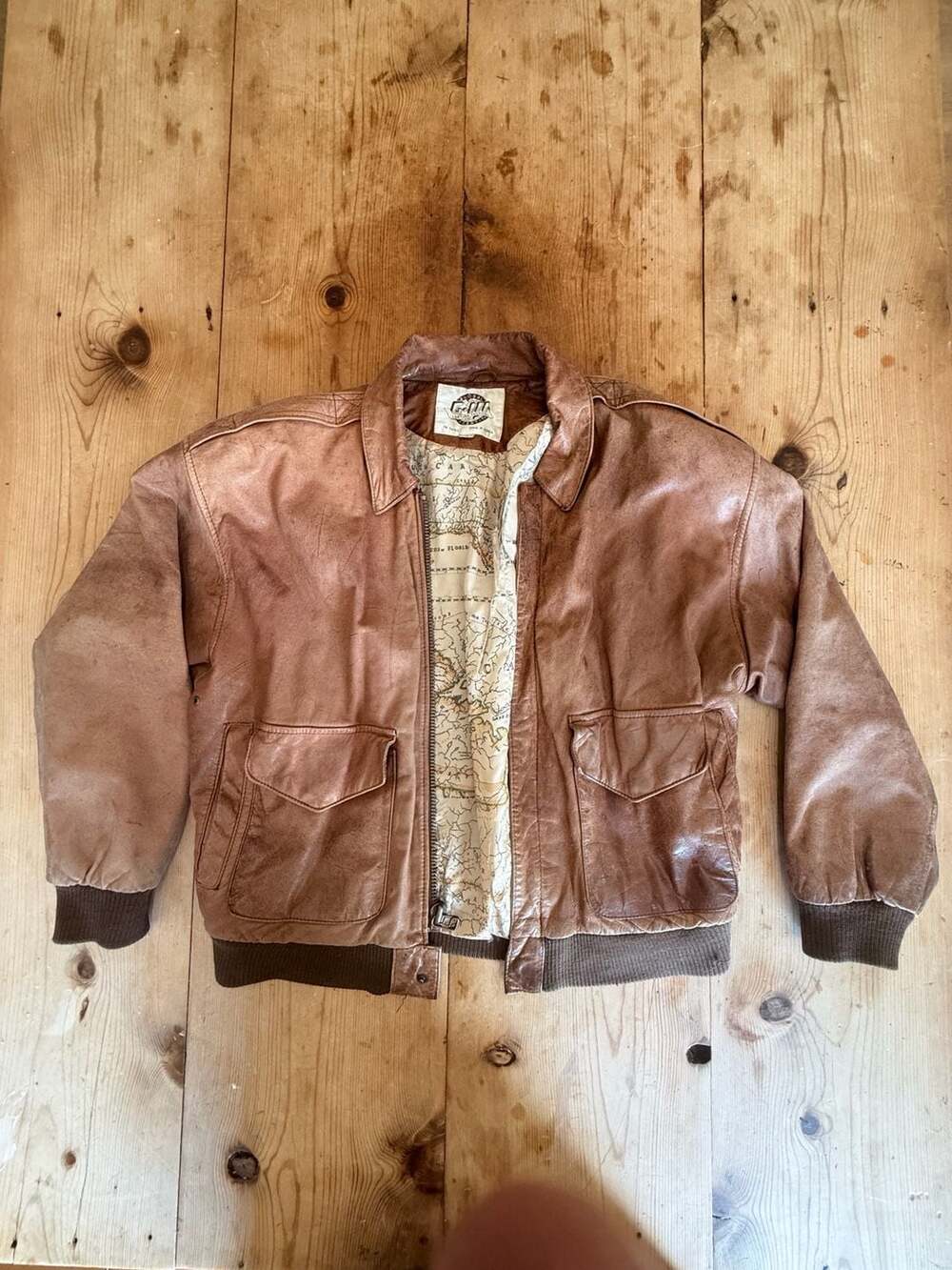 G-III Leather Fashions Bomber Jacket Size S Brown Map Lining Leather
